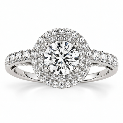 WHITE GOLD DOUBLE HALO STYLE ROUND DIAMOND ENGAGEMENT PAVE SHANK RING (1 1/2 CT TW)