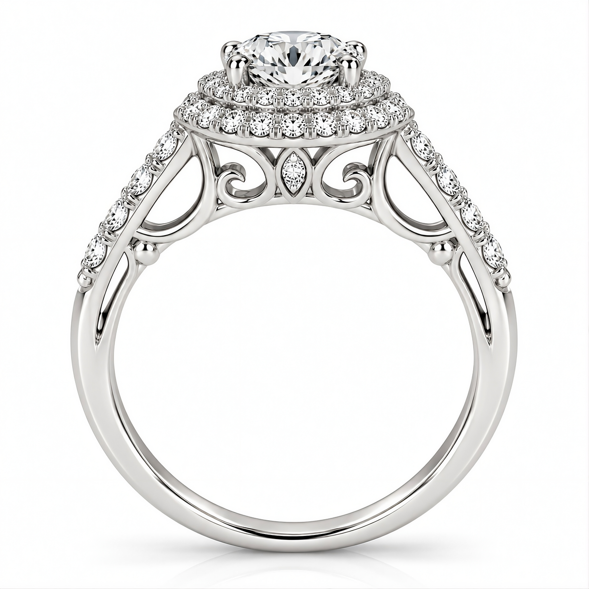 WHITE GOLD DOUBLE HALO STYLE ROUND DIAMOND ENGAGEMENT PAVE SHANK RING (1 1/2 CT TW)