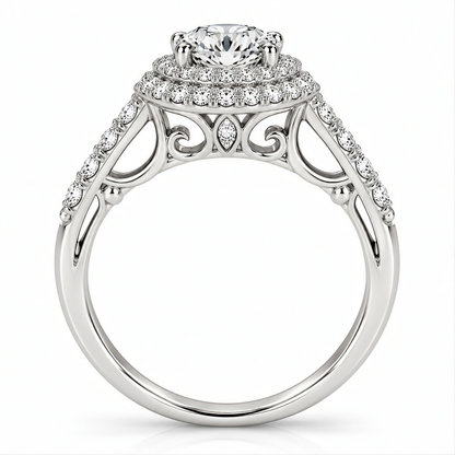 WHITE GOLD DOUBLE HALO STYLE ROUND DIAMOND ENGAGEMENT PAVE SHANK RING (1 1/2 CT TW)