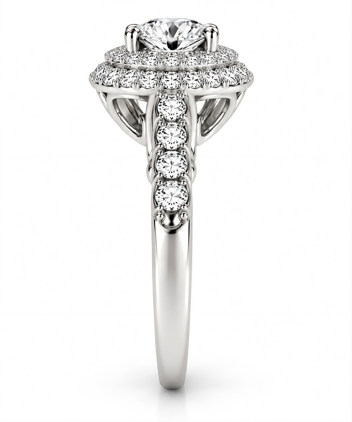 WHITE GOLD DOUBLE HALO STYLE ROUND DIAMOND ENGAGEMENT PAVE SHANK RING (1 1/2 CT TW)