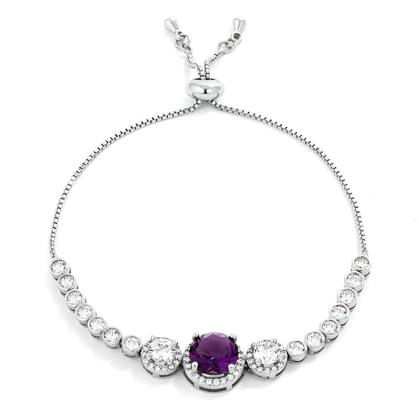 ADJUSTABLE RHODIUM GRADUATED PURPLE & CLEAR CZ BOLO STYLE TENNIS BRACELET