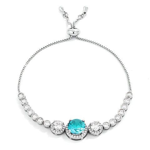 ADJUSTABLE RHODIUM GRADUATED AQUA CZ BOLO STYLE TENNIS BRACELET