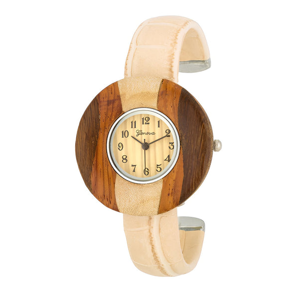 BRENNA BEIGE WOOD INSPIRED LEATHER CUFF WATCH