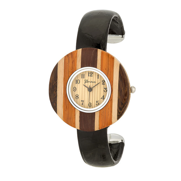 BRENNA BLACK WOOD INSPIRED LEATHER CUFF WATCH