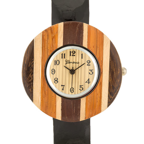 BRENNA BLACK WOOD INSPIRED LEATHER CUFF WATCH