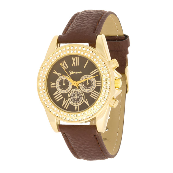 BROWN LEATHER WATCH WITH CRYSTALS - PIERGIORGIO CERRONI