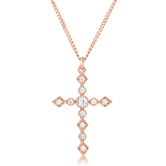 DAINTY ART DECO ROSE GOLD CLEAR CZ CROSS PENDANT - PIERGIORGIO CERRONI