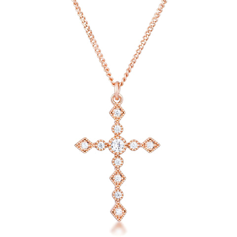 DAINTY ART DECO ROSE GOLD CLEAR CZ CROSS PENDANT