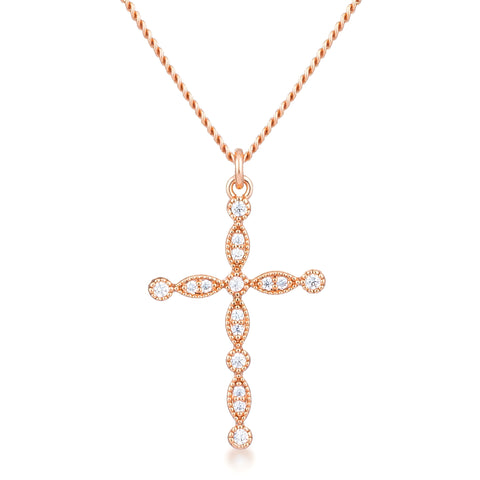 DELICATE VINTAGE ROSE GOLD CLEAR CZ CROSS PENDANT