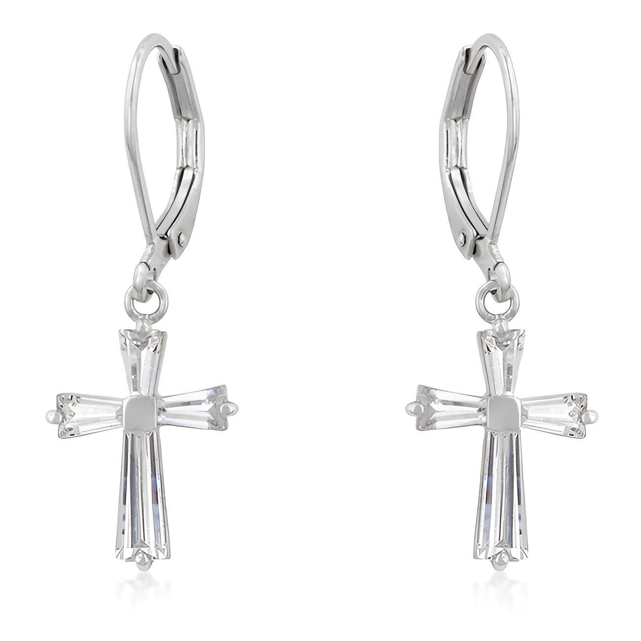 CUBIC ZIRCONIA RHODIUM FINISH CROSS EARRINGS