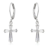 CUBIC ZIRCONIA RHODIUM FINISH CROSS EARRINGS