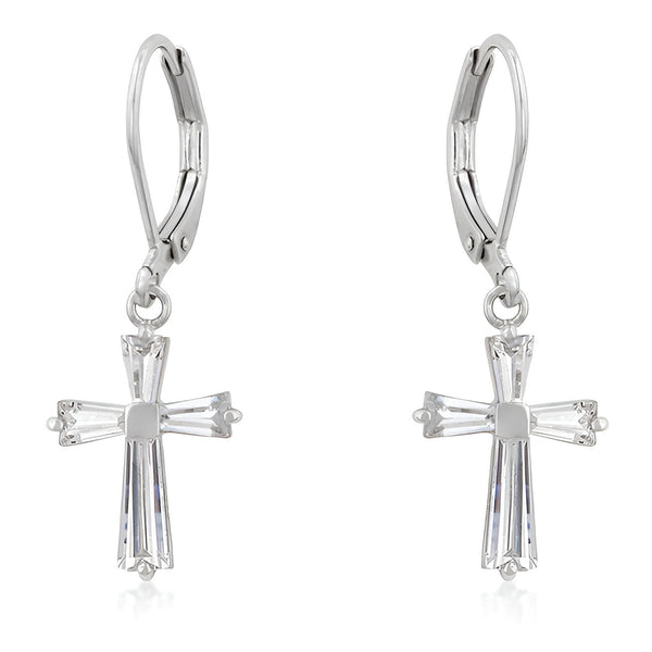 CUBIC ZIRCONIA RHODIUM FINISH CROSS EARRINGS