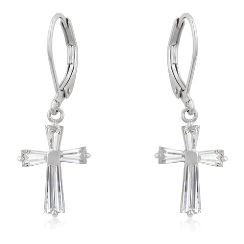 CUBIC ZIRCONIA RHODIUM FINISH CROSS EARRINGS