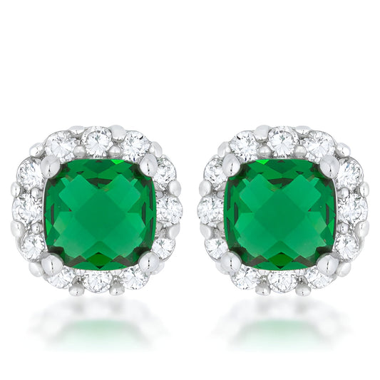 LIZ 2 CT EMERALD CZ RHODIUM CLASSIC CUSHION STUD EARRINGS