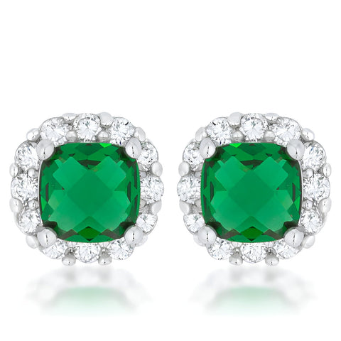 LIZ 2 CT EMERALD CZ RHODIUM CLASSIC CUSHION STUD EARRINGS