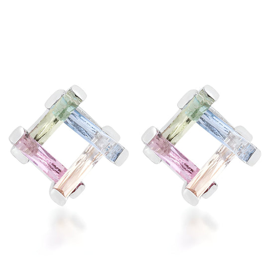 MYRA 10 CT MULTICOLOR CZ RHODIUM STUD EARRINGS - PIERGIORGIO CERRONI