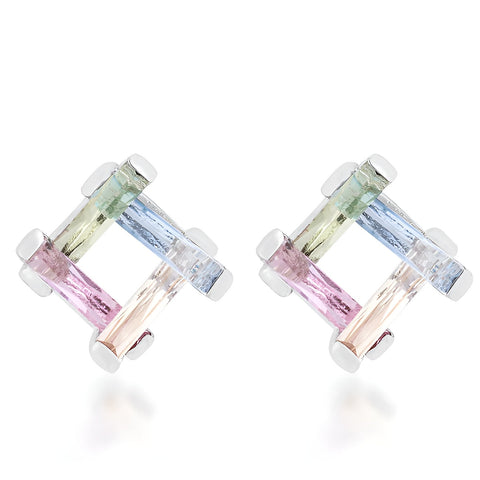 MYRA 10 CT MULTICOLOR CZ RHODIUM STUD EARRINGS - PIERGIORGIO CERRONI