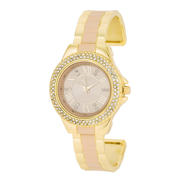 GOLD CUFF WATCH WITH CRYSTALS - BEIGE