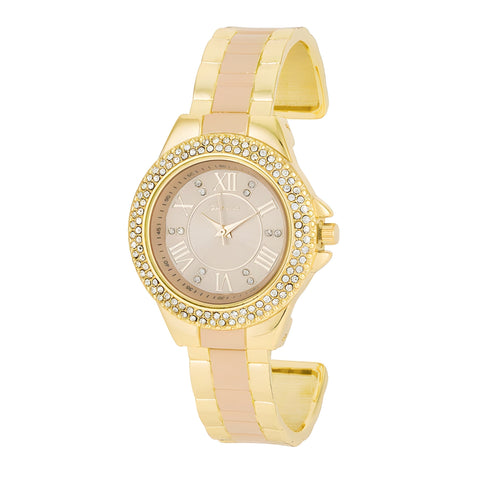 GOLD CUFF WATCH WITH CRYSTALS - BEIGE