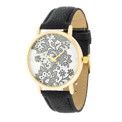 GOLD WATCH WITH FLORAL PRINT DIAL - BLACK