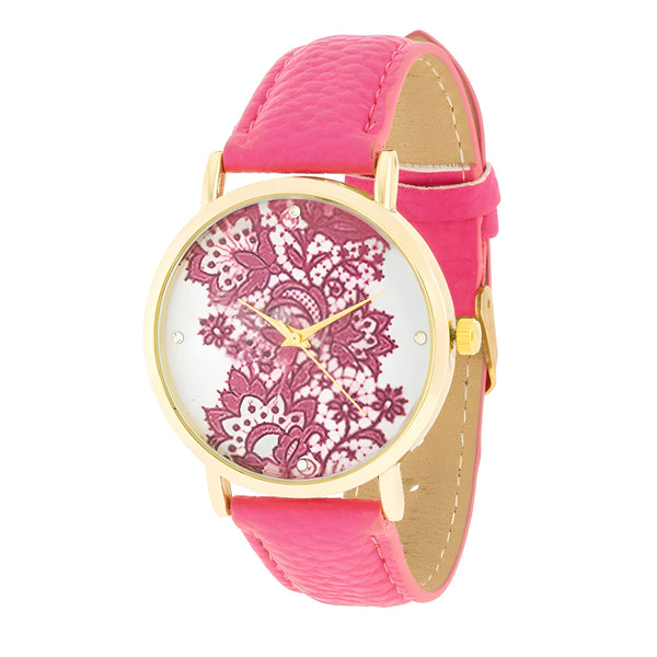 GOLD WATCH WITH FLORAL PRINT DIAL - PINK