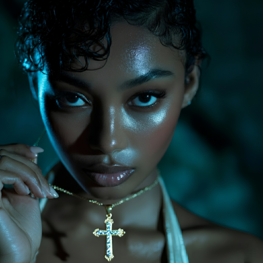 TWO TONE DIAMOND CUT CROSS PENDANT IN GOLD