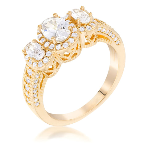 GOLD 3-STONE CLEAR OVAL CUT CZ HALO RING - PIERGIORGIO CERRONI