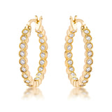 GOLD DOTTED CLEAR CZ ROUND BEZEL HOOP EARRINGS