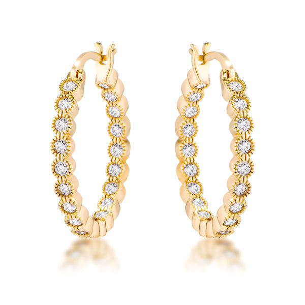 GOLD DOTTED CLEAR CZ ROUND BEZEL HOOP EARRINGS