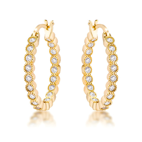 GOLD DOTTED CLEAR CZ ROUND BEZEL HOOP EARRINGS