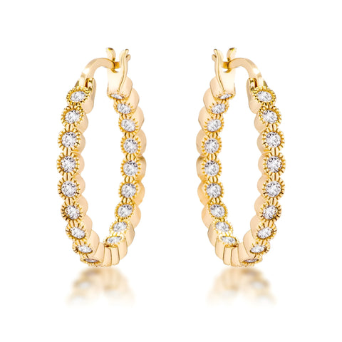 GOLD DOTTED CLEAR CZ ROUND BEZEL HOOP EARRINGS