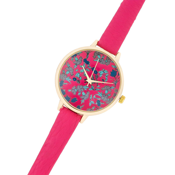 GOLD WATCH WITH FLORAL PRINT DIAL AND PINK STRAP - PIERGIORGIO CERRONI