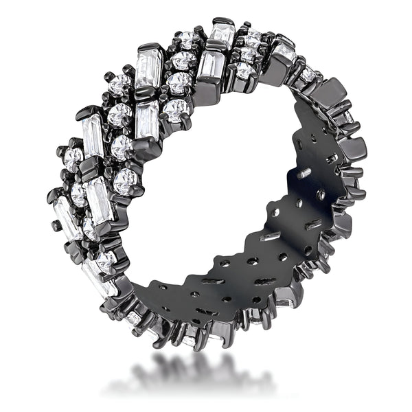 HEMATITE CLEAR CZ ALTERNATING BAGUETTE ROUND ETERNITY BAND - PIERGIORGIO CERRONI