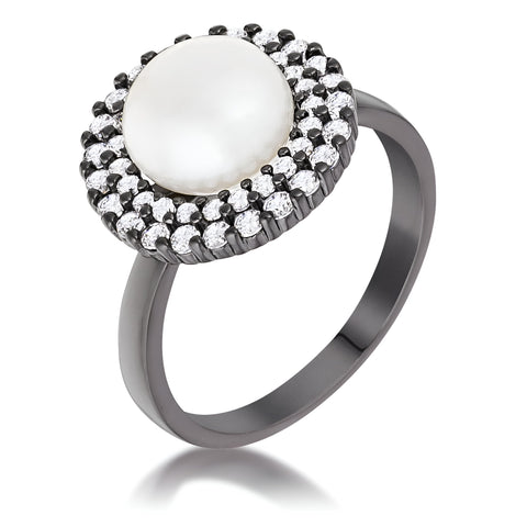 HEMATITE DOUBLE HALO ETHEREAL PEARL COCKTAIL RING - PIERGIORGIO CERRONI