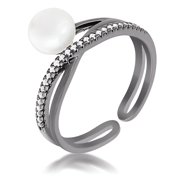 HEMATITE PEARL RIBBON BYPASS HALF PAVE RING - PIERGIORGIO CERRONI