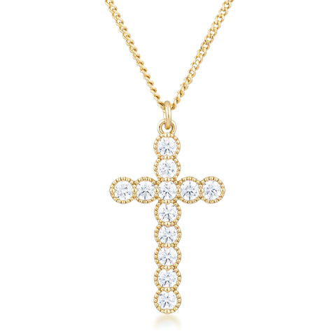 MICRO BEADED 18K GOLD CLEAR CZ CROSS PENDANT