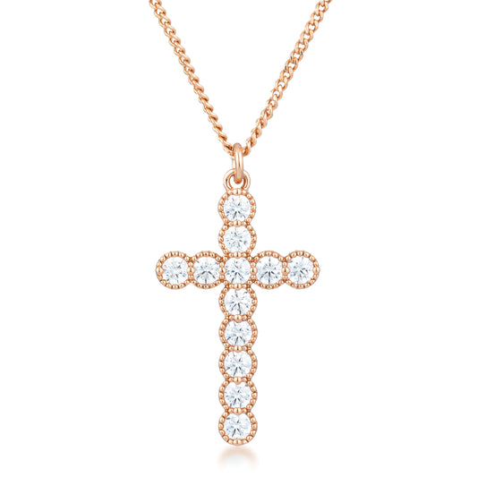 MICRO BEADED ROSE GOLD CLEAR CZ CROSS PENDANT - PIERGIORGIO CERRONI