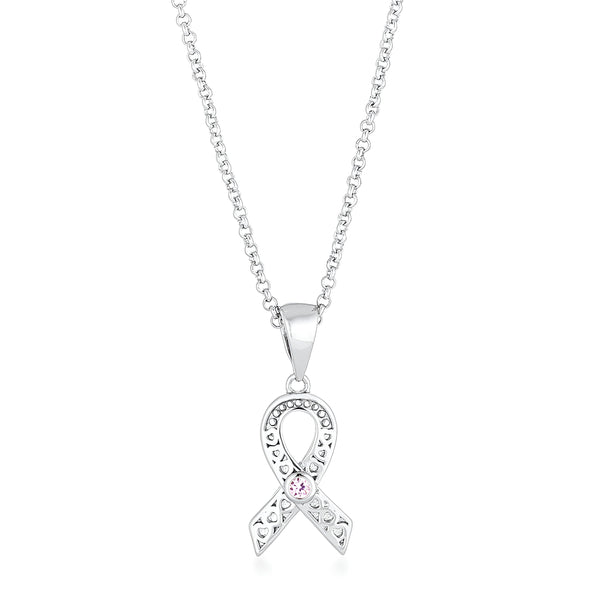 RHODIUM HEART FILIGREE BREAST CANCER AWARENESS RIBBON PENDANT