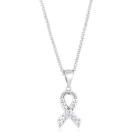 RHODIUM HEART FILIGREE BREAST CANCER AWARENESS RIBBON PENDANT