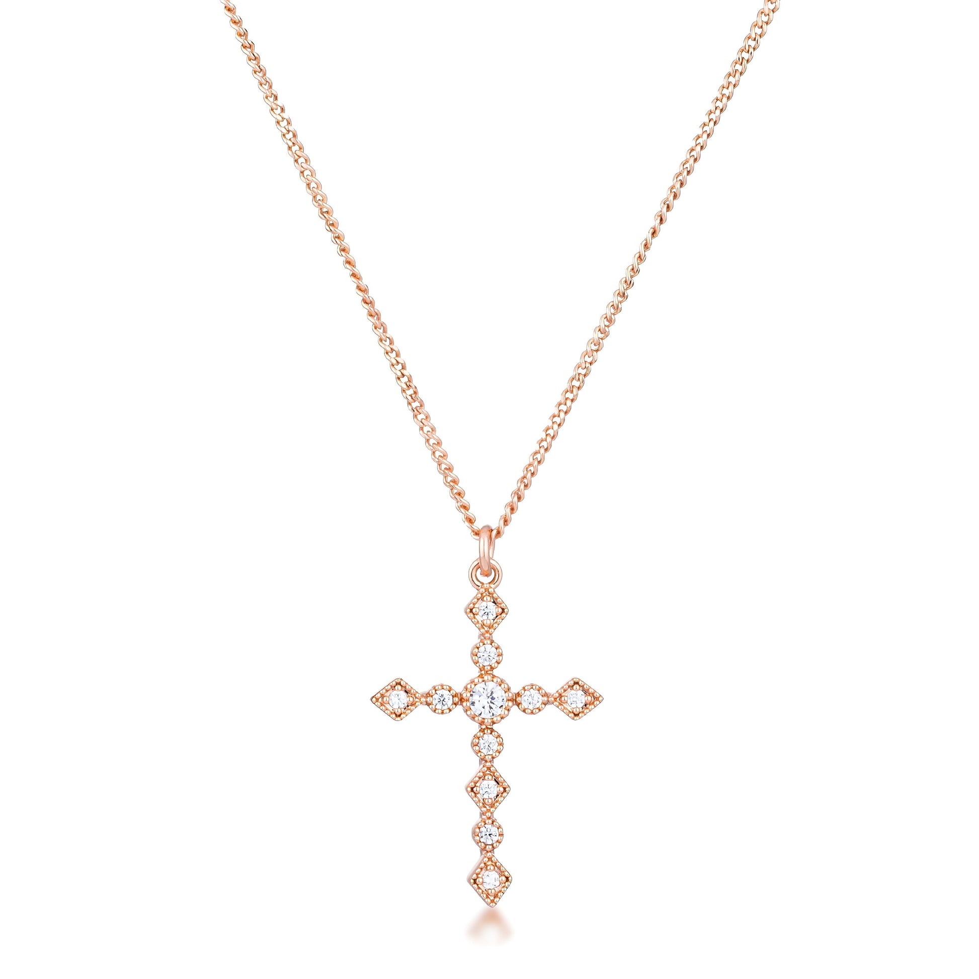 DAINTY ART DECO ROSE GOLD CLEAR CZ CROSS PENDANT - PIERGIORGIO CERRONI