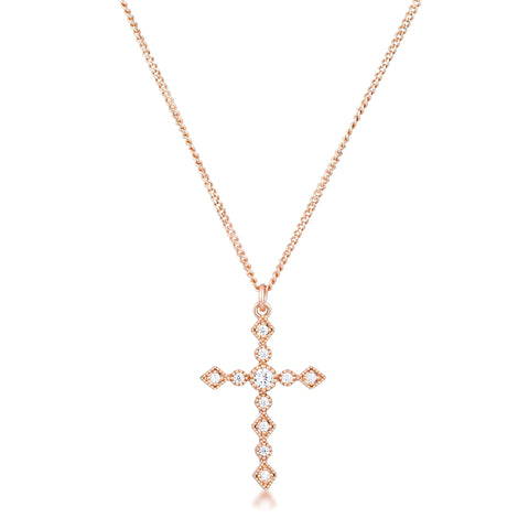 DAINTY ART DECO ROSE GOLD CLEAR CZ CROSS PENDANT - PIERGIORGIO CERRONI