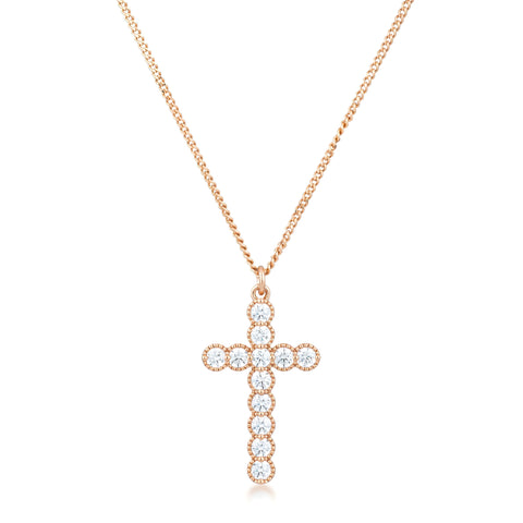 MICRO BEADED ROSE GOLD CLEAR CZ CROSS PENDANT