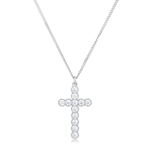 MICRO BEADED RHODIUM CLEAR CZ CROSS PENDANT