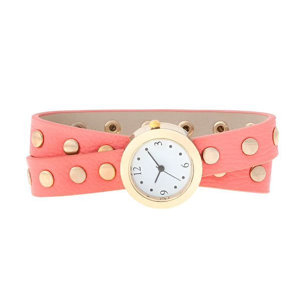 PINK ROUND STUDDED WRAP WATCH