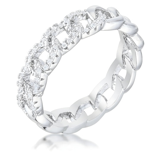 INTERLOCKING RHODIUM CHAIN DESIGN RING WITH CZ