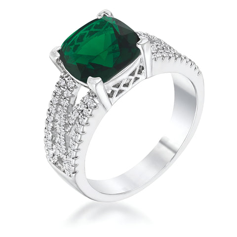 3 CT ELEGANT RHODIUM CRISS-CROSS EMERALD CZ ENGAGEMENT RING