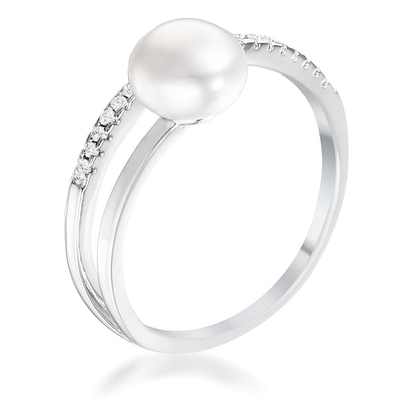 0.15 CT RHODIUM FRESHWATER PEARL RING WITH CZ MICRO PAVE BAND