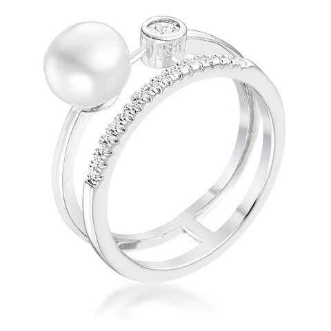 0.15 CT RHODIUM CZ AND FRESHWATER PEARL CONTEMPORARY DOUBLE BAND RING