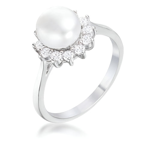 0.36 CT RHODIUM FRESHWATER PEARL AND CZ HALO RING