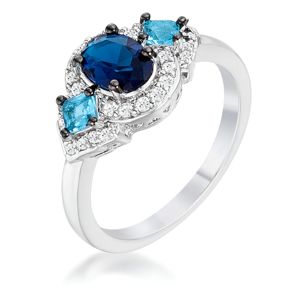 1.3 CT RHODIUM AND HEMATITE SHADES OF BLUE CZ THREE STONE ENGAGEMENT RING